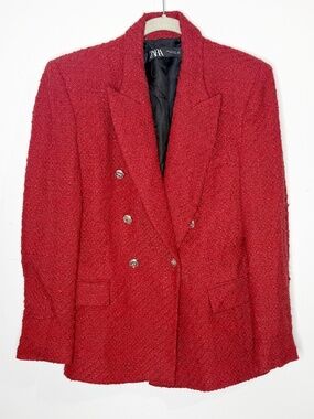 Zara Red Textured Double Breasted Blazer XL Kate Middleton